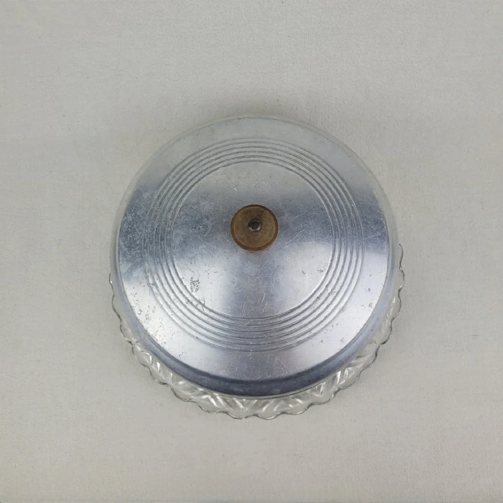 Vintage Spun Aluminum Cake Carrier Dome with Pressed Glass Platter Base Set